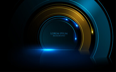 circle patterns glowing blue and yellow light lines,curve layers,light rays digital geometric modern luxury background and cover,award banner template and card design.