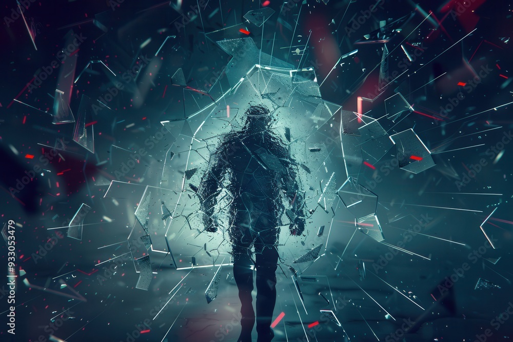 Aufkleber a hacker breaks through a digital shield, with fragments flying in all directions, illustrating a cy