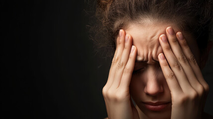 Fototapeta premium A young woman expresses distress, holding her head with pained expression. dark background emphasizes her emotional struggle.