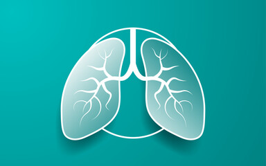 Paper cut out illustration of pair of lungs on a gray background encircled in a white ring. Simple respiratory system background template. Lung Organ shape. No text. Vector Illustration.