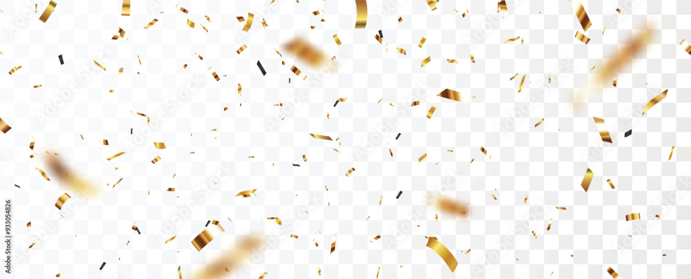 Poster gold confetti and ribbon background, isolated on transparent background