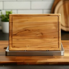 a rectangular chopping board on a stainless steel stand shoping its front view. engraved mark around the edge. infront view. Casual pleasant photo.