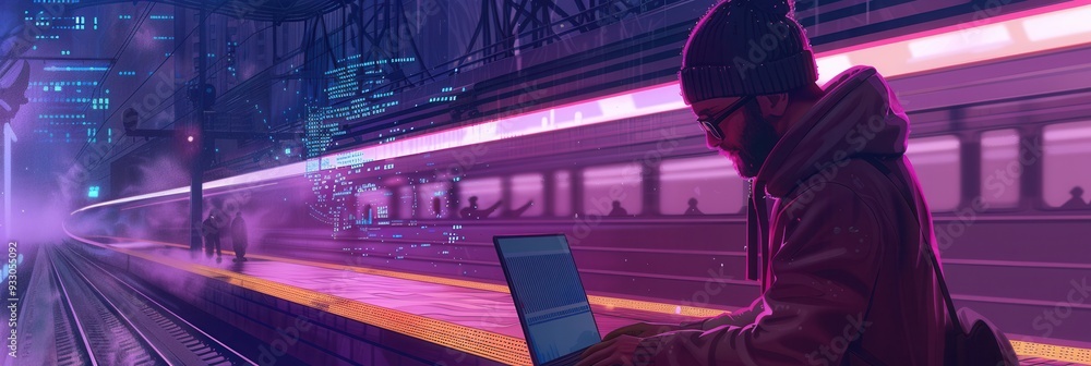 Aufkleber A hacker works intently on a laptop in a crowded metro station, emphasizing the dangers of using public Wi-Fi networks. Generative AI