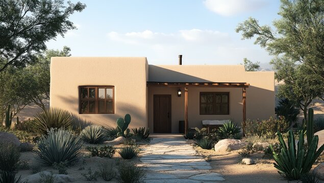 Desert house with cacti and stone path.