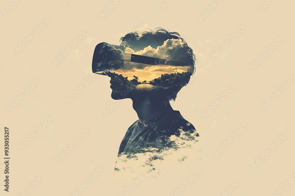Poster stylized portrait of a person wearing a vr headset blending the boundaries between the real and digi