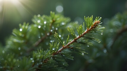 A detailed view of a pine branch with dew drops sparkling on its lush green needles, reflecting the soft light of dawn.