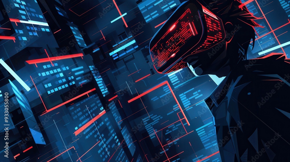 Poster A hacker uses a VR headset to navigate a vibrant virtual world filled with intricate digital locks and streams of glowing code. Generative AI