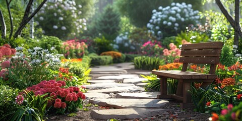 A tranquil garden path with vibrant flowers and a wooden bench, inviting relaxation amidst nature's beauty.