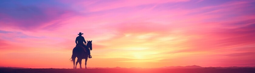 Fototapeta premium Lone Cowboy Riding into Sunset Silhouetted Against Vast Desert Landscape