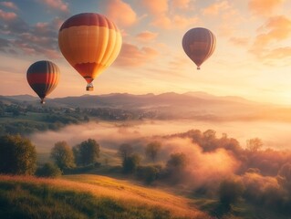 Naklejka premium Inspirational sunrise landscape hot air balloons soar in scenic nature travel destination