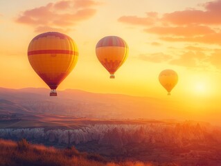 Fototapeta premium Majestic sunrise landscape with hot air balloons nature travel destination banner