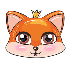 Adorable princess bright fox with a crown on her head. Cute orange forest animal