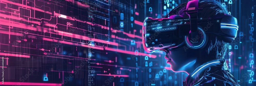 Aufkleber A hacker navigates a vibrant virtual world, surrounded by glowing digital locks and complex codes while wearing a VR headset. Generative AI