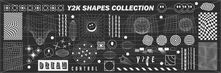 Abstract geometry hud wireframe shapes and patterns, cyberpunk elements, icon s and perspective grid s. Surreal geometric signs. Rave psychedelic futuristic Y2k acid aesthetic set. Vector illustration