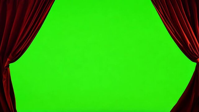 Red Velvet Spotlight: A vibrant green screen awaits its moment, framed by luxurious red velvet curtains, ready for your creative vision.
