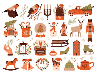 Christmas collection of cute cliparts. New Year tree, red vintage car. Cosy cup with candy canes. Bullfinch sitting on branch. Illustrations of nutcracker, deer, skates, house, wreath, typewriter.	