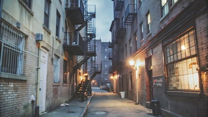 Fototapeta premium A Narrow Brick Alleyway with Fire Escapes and a Street Lamp