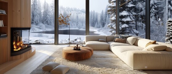 Cozy winter living room with panoramic windows, soft furnishings, and a warm fireplace overlooking a snowy landscape.