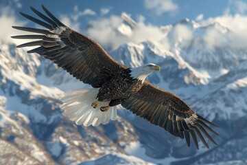 Obraz premium Majestic eagle soaring over snow-capped mountains, capturing the essence of freedom and the beauty of nature in flight.