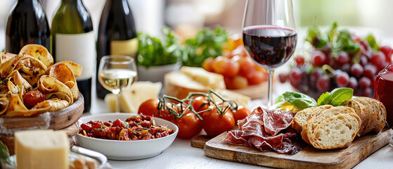 Still life with various types of Italian food and wine on white table 