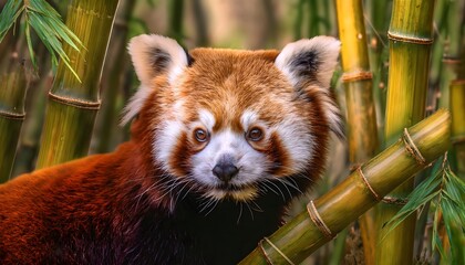 adorable red panda surrounded by dense bamboo forest, portrait of a cute animal in its natural habitat, perfect for wildlife and nature photography