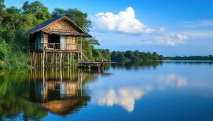 A wooden hut on stilts over a calm lake.