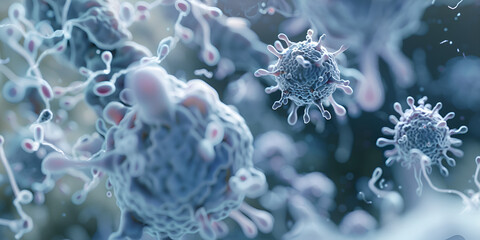 Close-Up of Microscopic Virus Structures in a Medical Visualization, Representing Pathogens, Virus Research, and Microbiology in a Scientific and Healthcare Context