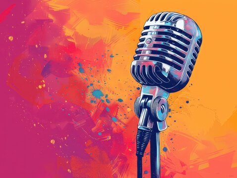 Vibrant retro microphone against a colorful background, perfect for music, performance, or podcast themes.