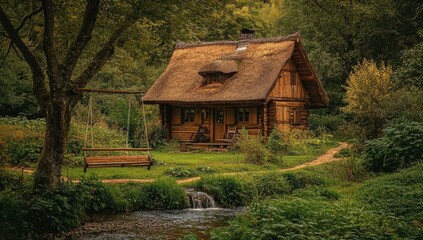 A rustic cabin with a thatched roof, swing, and stream.