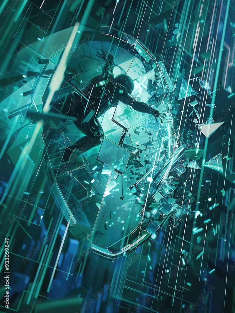 Poster a hacker penetrates a digital shield, causing fragments to scatter amidst a high-tech environment, i