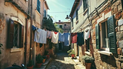 Obraz premium Clothes Hanging on a Clothesline in an Italian Alleyway