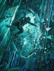A hacker penetrates a digital shield, causing fragments to scatter amidst a high-tech environment, illustrating a cybersecurity breach. Generative AI