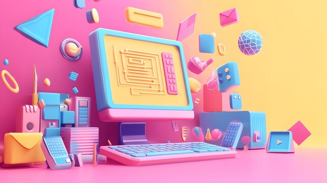 3D Colorful Illustration Digital Code and Tech Icons with Computer for World IT Day - Powered by Adobe