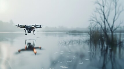 A drone hovering over a calm, misty lake surrounded by bare trees, reflecting carefully crafted technological serenity.