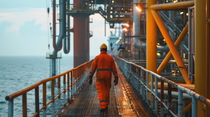 Worker in an orange uniform walking on an offshore oil platform during sunrise, emphasizing industriousness and determination amidst a rugged backdrop.