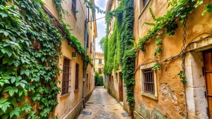 Obraz premium Narrow Stone Alleyway Lined with Ivy-Covered Buildings in a European Town