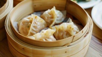 A steamer basket filled with neatly arranged dumplings, suggesting an inviting and delicious meal, meticulously prepared.
