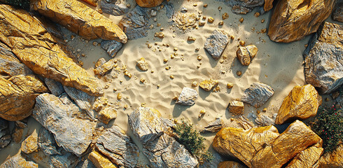 yellow rocky rocks with sand. drone view