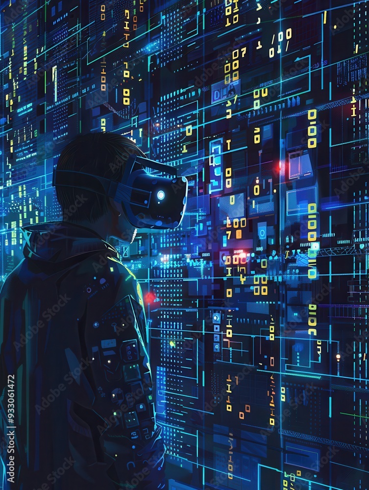 Poster a hacker navigates a vibrant virtual environment filled with digital locks and glowing codes while w