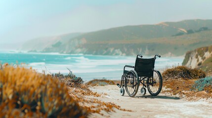 Obraz premium An empty wheelchair on a sandy path leading to a scenic view of the sea, evoking a sense of freedom and adventure.