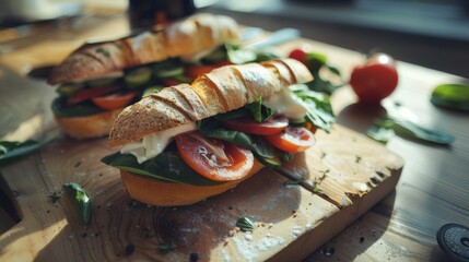Two fresh sandwiches with vibrant greens and sliced tomatoes on a wooden board, creating a delightful culinary scene.