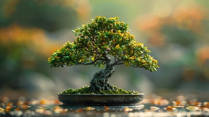 Fototapeta premium Bonsai Tree Illustration with Green Leaves and a Black Pot
