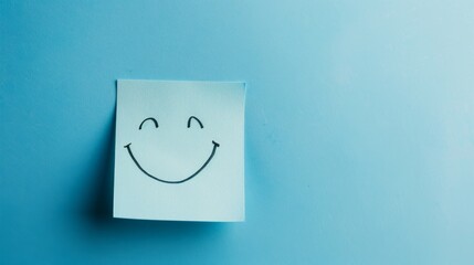 A close-up of a pale blue sticky note with a minimalist smiley face drawn on it pinned against a light blue textured wall, evoking a sense of calm happiness.