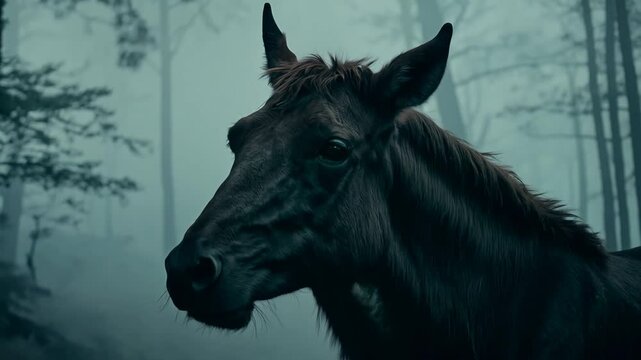 A horse wanders through a dense, fog-filled forest during the evening hours