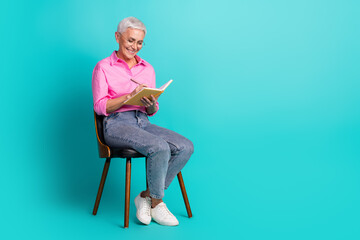 Full size photo of nice aged woman sit chair notebook pen empty space wear pink shirt isolated on...