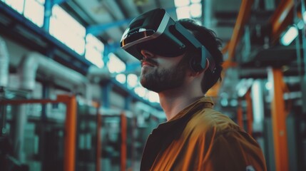 A man in an industrial environment completely immersed in a virtual reality experience, wearing a VR headset, embodying the future of hands-on training and operational precision.