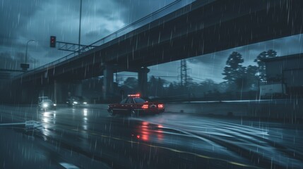 A lone emergency vehicle navigates a rain-drenched overpass under dark and stormy skies, setting a moody urban scene.