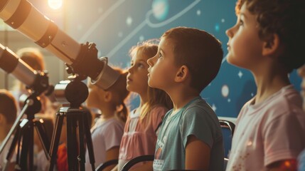 Children eagerly observing the sky through telescopes in a planetarium, their faces illuminated with curiosity and wonder.