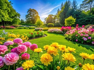 Vibrant yellow and pink flowers bloom amidst lush, emerald green grass, creating a serene and idyllic scene in a well-manicured lawn on a sunny day.