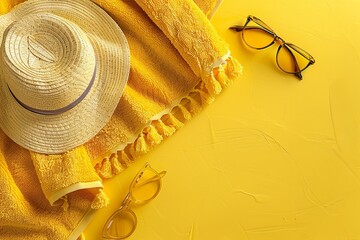 Summer beach aesthetics yellow towel, sunglasses, and hat on matching background